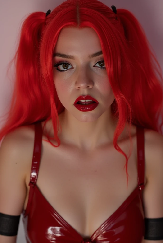 Beautiful girl, red lip gloss, eyeliner flicks, red lip gloss, sexy, latex schoolgirl outfit, body oil, extreme make up, red hair in pigtails,  dark red lip gloss, shiny lips, reflective lips