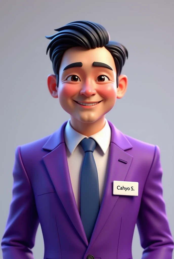  Create a 3D character of a guy wearing a purple suit, formal half body photo. name tag CAHYO S.