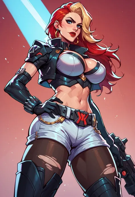 score_9, score_8_up, score_7_up, score_6_up, expressiveh, magik_rivals, 1girl, solo, cowboy shot, blonde hair, long hair, hair accessory, eyeliner, blue eyes, earrings, cropped bodysuit, black bodysuit, armor, belt, gloves, black gloves, black clothes, pau...