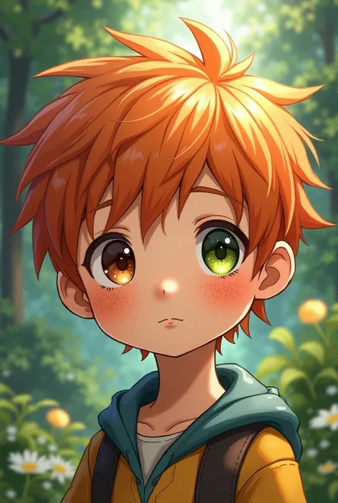 Personnage ressemblant à un personnage d’animé, boy, strawberry blonde, full of freckles on the face and eyes vary a dark brown and a green.