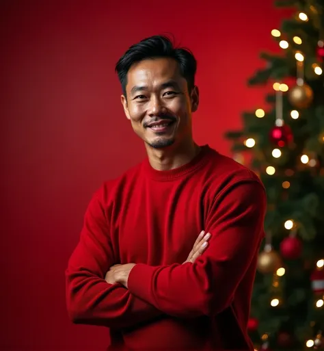     55-year-old Thai man short military hairstyle dark brown  ,    closed lips  ,  Strong and muscular     ,   soft tone   ,   very dark brown skin   ,     Ultra-high-definition facial details   ,    wearing a red chrismas sweater Black pants ,   fully see...