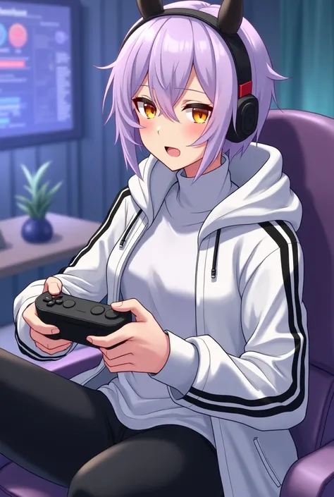  Male character with short hair with fringes to the side in light purple, orange eyes,  white jacket with black lines ,  white turtleneck shirt ,  black pants  ,snake tail, Small black deer horns , What is playing video games 