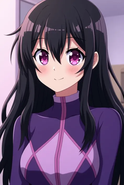  Anime woman with long black hair who is fastened with a pinche , with heterochromia in her eyes, one pink and the other purple . With a power ranger costume full violet costume that represents the containment of the toilet of 