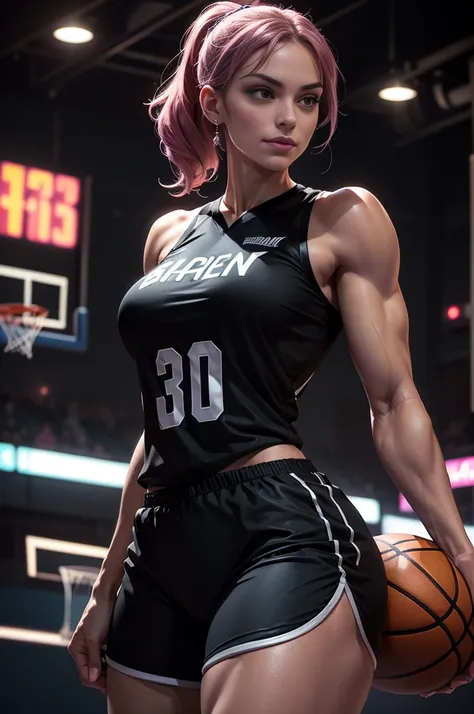 A gorgeous female basketball player,(best quality,4k,8k,highres,masterpiece:1.2),ultra-detailed,(realistic,photorealistic,photo-realistic:1.37),beautiful detailed, ((extremely powerful, extremely strong, amused, sexy,)) ((perfect face)), long eyelashes, ma...