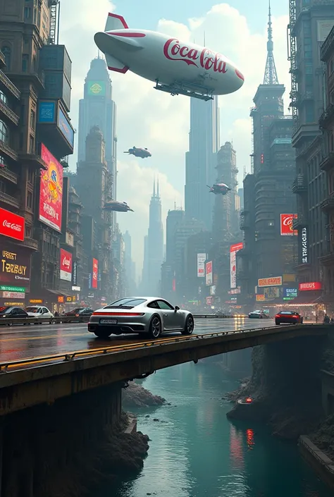  Make a silver Porsche 911 on a bridge that crosses a large polluted river ,  in front make a city with large buildings , advertisements in neon , flying cars,  an airship with Coca-Cola advertising ,  make a futuristic cyberpunk city seen from above with ...