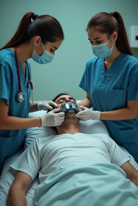 Two dominant young female nurses wearing masks and latex gloves restrain and put a mechanical device over a males patients mouth covering it completely so he is helpless lying on a bed as they stand over him.