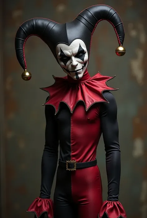 Jester with half red and half black outfit, with a red high Dracula collar, and with a three pointed black leather jester hat with gold bells on the ends. His eyes are bandaged over, and his smile is pitch black. He is 8”0 tall with a Slenderman like build...