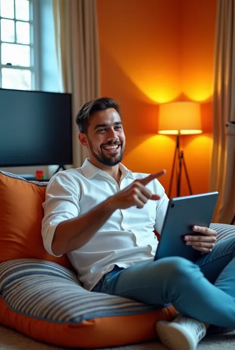 The image shows a smiling young man in his thirties sitting comfortably on a large orange and white cushion with blue stripes in the middle of a warm orange, blue and sky blue room. He is wearing a comfortable white cotton shirt and white sneakers. Behind ...