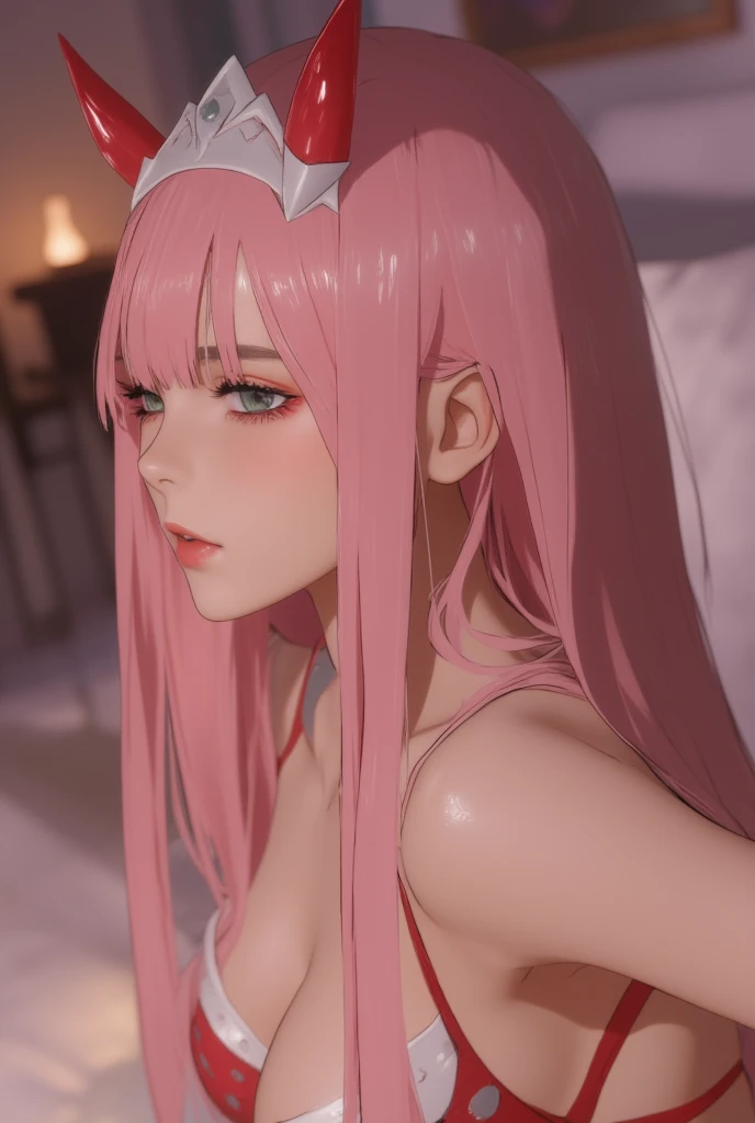 (  masterpiece,   better quality ),  a girl, Darling,4k, diadema, white headband,  beautiful face,Shiny hair, make-up,  eye shadow,  Very long hair,  popped bangs ,( pink hair  largo ),Horns,Horns rojos pequenas dajas,(  pink hair )(  pink hair  ),(  green...