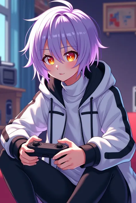 Male character with short hair with fringe to the side in light purple, orange eyes,  white jacket with black lines ,  white turtleneck shirt ,  black pants  , What is playing video games 