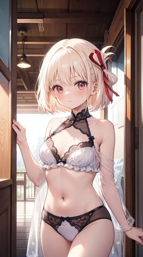  top quality 、masterpiece、 one girl 、 platinum blonde、 bob hair、 red ribbon 、Only underwear、  pink lingerie、Approaching、blush、Kamimei、Stare at this、 cute anime illustration、 outside