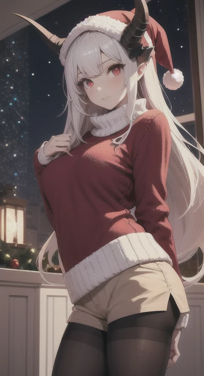 1girll, playgame, succubus, red eyes, Long hair, horns, Large display,  Christmas sweater and shorts, pantyhose, home, Christmas day, SFW, muted colors