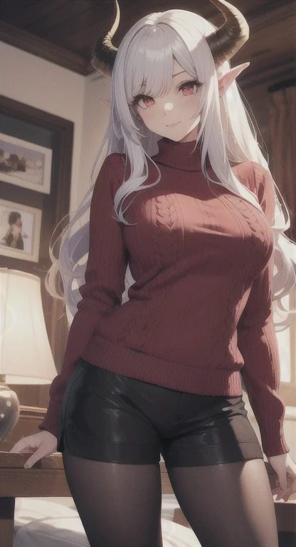 1girll, playgame, succubus, red eyes, Long hair, horns, Large display,  Christmas sweater and shorts, pantyhose, home, Christmas day, SFW, muted colors