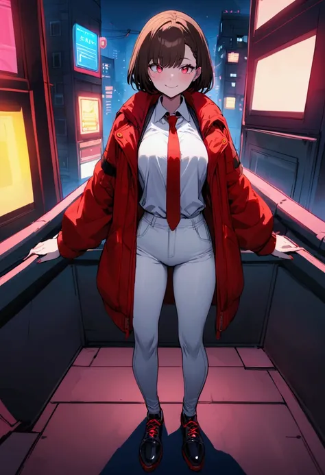 a Very Tall and pretty Anime adult Girl (about 175 cm in height), tall girl in a cyberpunk background rooftop in the night with a happy smile,  happy, light red eyes, a little messy Dark brown trimmed bob cut hair, red jacket, white shirt and a poorly fast...