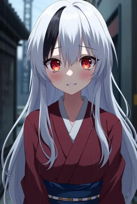 Cold hearted, Scary gaze, Yandere, Red eyes, White Hair, Black Highlights, Lady, Anime, Looking at viewer, Long Hair, Kimono, Sadistic smile, Crazy, Obsessive,Masterpiece, High quality, Raining, Alleyway background