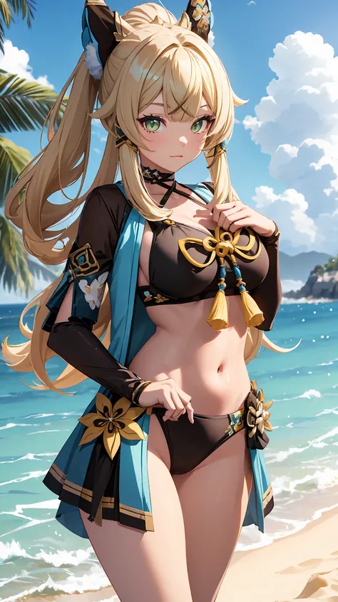  Kirara hairstyle from the game Genshin Impact , 1 girl,  wearing a sexy bikini on a beach, Kirara , 8K,  high detail,  HIGH QUALITY