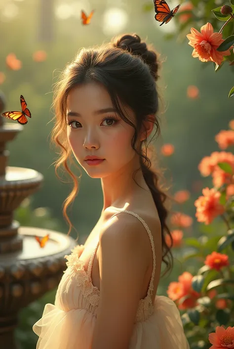 a beautiful girl in a lush garden, detailed face and eyes, long eyelashes, elegant dress, sunlight, intricate flowers, butterflies, ornate fountain, golden hour lighting, cinematic atmosphere, photorealistic, masterpiece, 8k, highly detailed