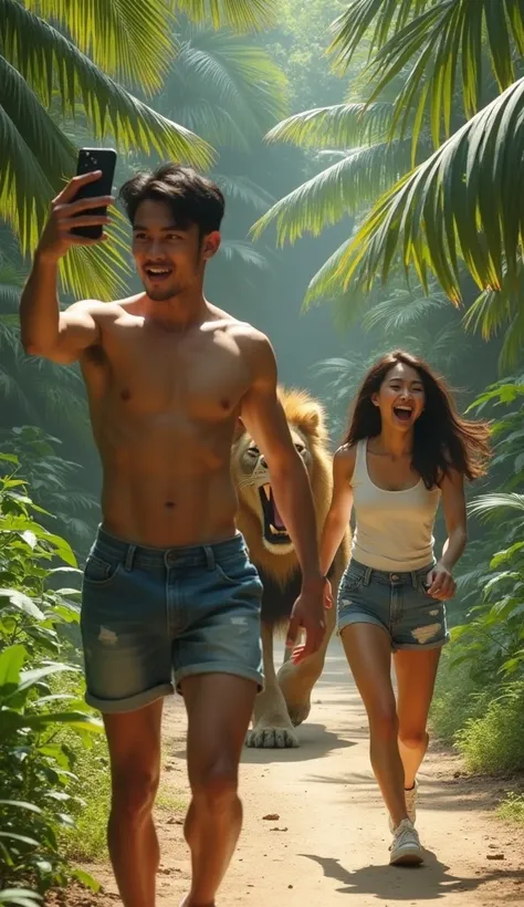 A realistic depiction of a Asian man taking a selfie on a dirt path surrounded by palm trees and tropical greenery, is wearing a bare chest and denim shorts, and has a surprised expression. Next him, a asian woman running she wearing white tank top, denim ...