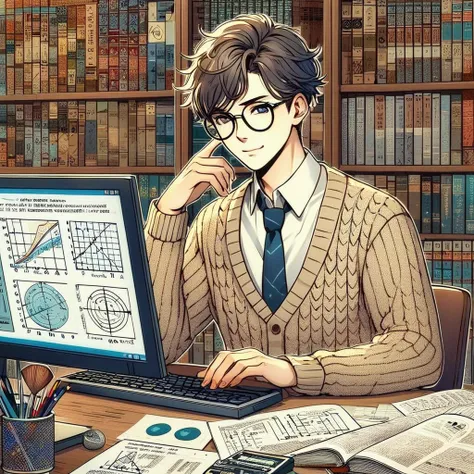 Create image of a smiling young man studying physics with glasses dressed in a brown sweater as if he were an English bourgeois.. .  While he is at the computer and studies and thinks about the things he will do as a physicist and while he has many differe...