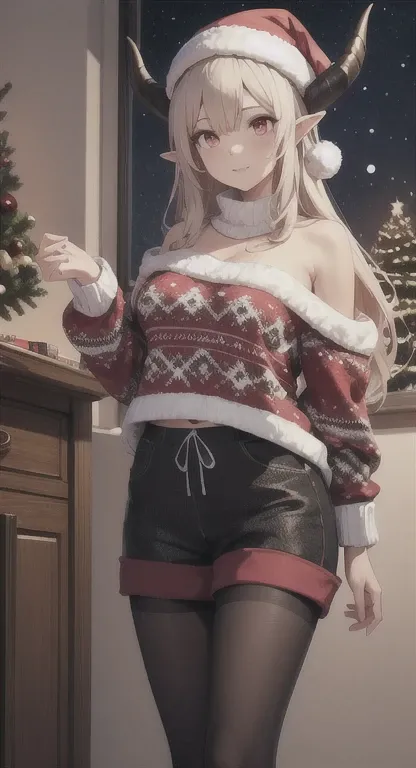 1girll, playgame, succubus, red eyes, Long hair, horns, Large display,  Christmas sweater and shorts, pantyhose, home, Christmas day, SFW, muted colors