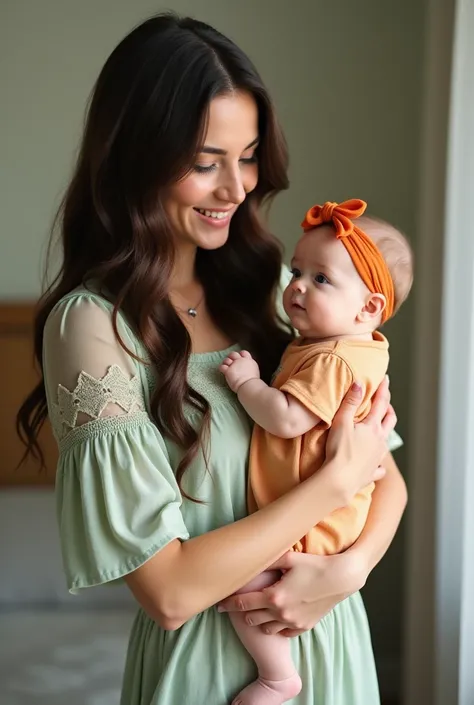 

a young woman,  with long wavy dark brown hair dressed in a light green dress with lace details.  She holds a baby in her lap , One about 7 months old , wearing a light orange jumpsuit with an orange bow on the head . The woman is smiling softly,  and th...