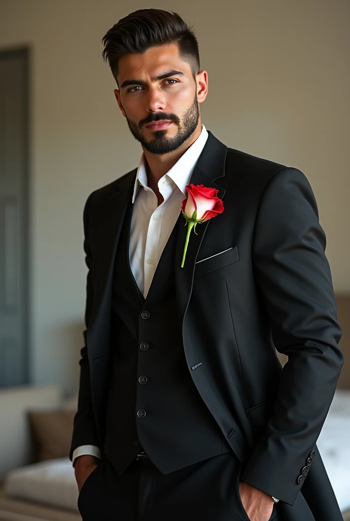 Handsome man with short beard standing there in a suit and a red and white rose