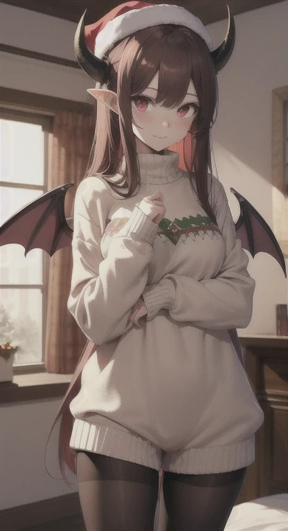 1girll, playgame, succubus, red eyes, Long hair, horns, wings, Large display,  Christmas sweater and shorts, pantyhose, home, Christmas day, SFW, muted colors