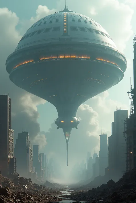 A gigantic and strange alien ship is floating above the destroyed city of metropolis . 3D fantasy and science fiction style .