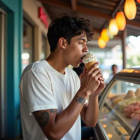 High definition image man 20 years old Latino brunette dark skin frizzy black hair short tattoo on his arm daytime image he wears a simple large white t-shirt and drops black jeans light and shade on his clothes he is licking ice cream with his tongue out ...