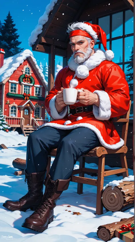 action painting,  A silver-haired white-bearded grandfather ， dressed in Christmas costumes ， sitting on an outdoor chair ，Drinking coffee ，Watching the snow ， a punk wooden log house in the background， Busy elves ， Carrying gifts on a sidecar 