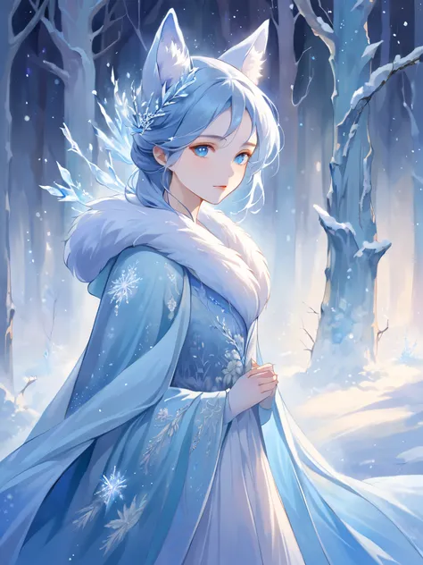 "A graceful fox girl with pale blue fur and ice-blue eyes, wearing a long, fur-lined cloak that shimmers with frost. She stands in a snow-covered forest, surrounded by frost-covered trees and glowing ice crystals. Snowflakes gently fall around her, creatin...