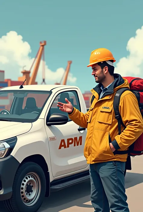 Operations supervisor with his epp and in his yellow jacket he has the APM Terminals logo on his white Toyota Hilux that has the APM Terminals logo wishes a merry Christmas to his co-workers at the port APM TERMINALS callao in drawing, That it has a dedica...