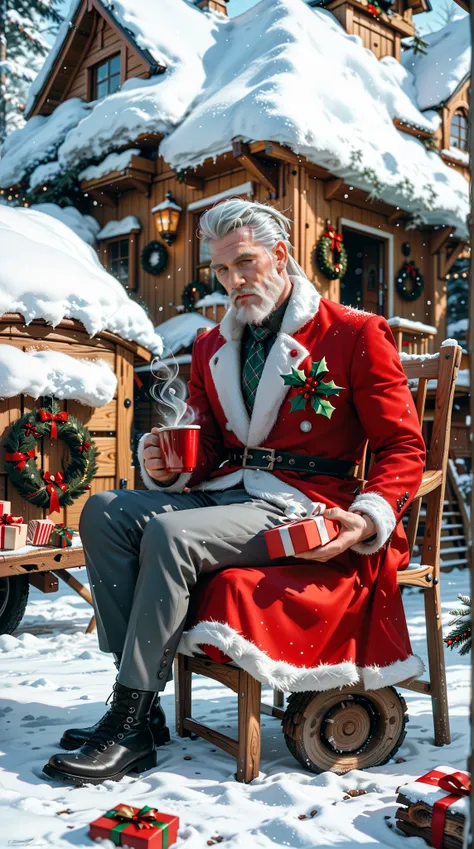 action painting,  A silver-haired white-bearded grandfather ， dressed in Christmas costumes ， sitting on an outdoor chair ，Drinking coffee ，Watching the snow ， a punk wooden log house in the background， Busy elves ， Carrying gifts on a sidecar 