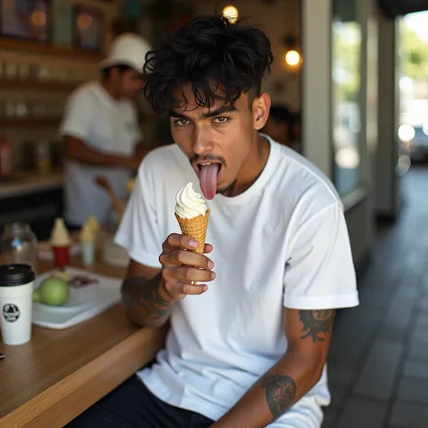 High definition image man 20 years old Latino brunette dark skin short frizzy black hair tattoo on his arm daytime image he wears a simple large white t-shirt and loose black jeans light and shade on his clothes he is licking ice cream with his tongue out ...