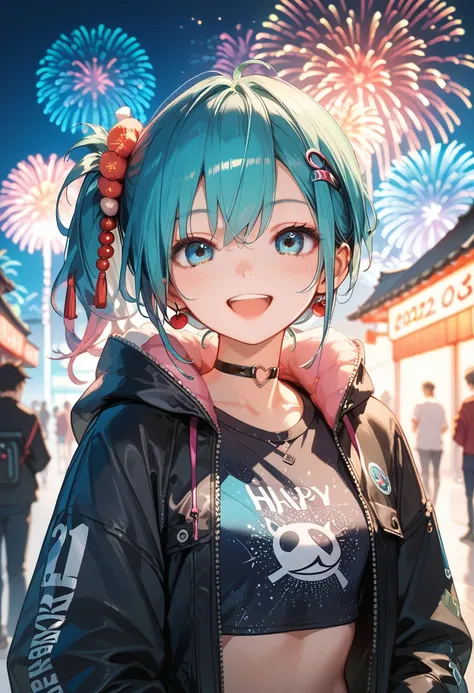 Score_9,Score_8_up,Score_7_up,highest quality anime,masterpiece,extremely detailed,depth of field,high-resolution,1 HatsuneMiku,punk girl,new year night.happy,fireworks