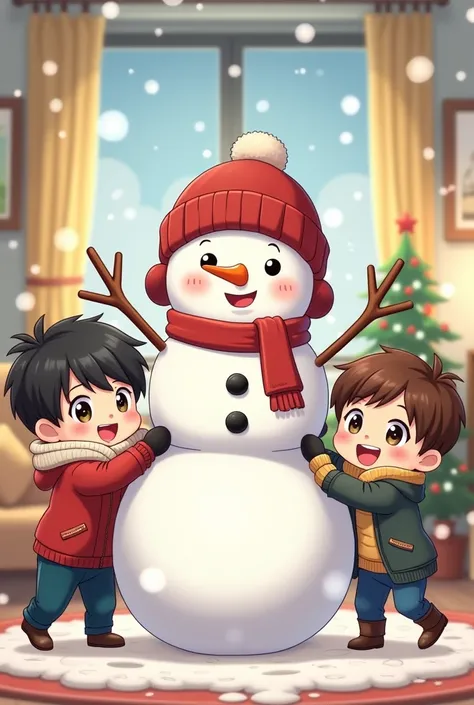 You can generate a drawing of a family in the anime version chibi , where a mother and son are dressing their father like a snowman?