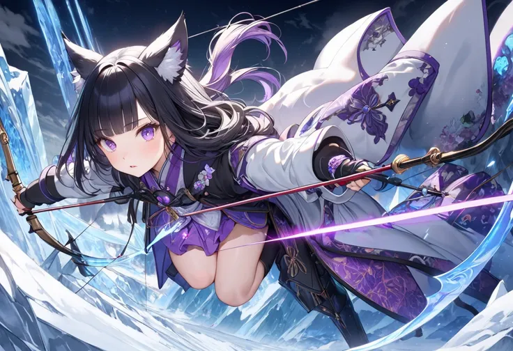 panoramic, low-angle, close up face, (solo), (immensely beautiful and charming shrine girl is age 15), (serious face with Small scratches), (alluring vivid violet growing:1.5 eyes), ((delicate black hair, blunt bangs hair)) (long hair), (black fox ear), (b...