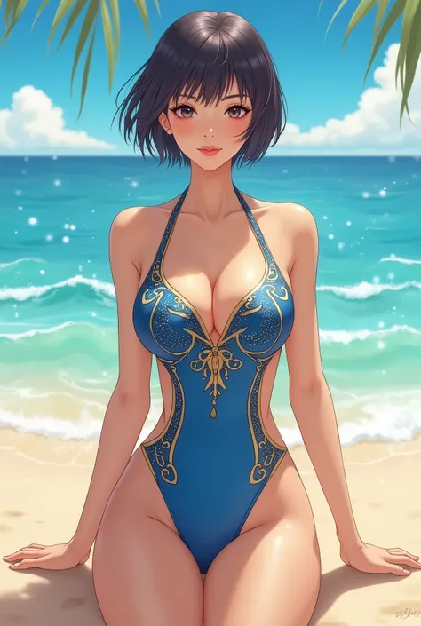  mature Japan, short hair, Big Breasts ,blue gold swimsuit ,on beach