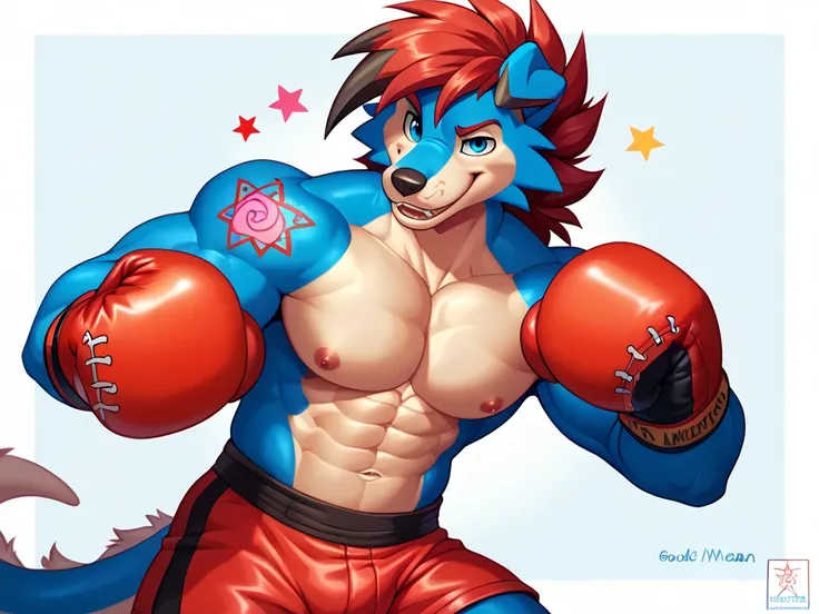  scene in the ring , detallada, good anatomy,(( anthromorphic young Mayan blue dragon,  blue eyes, Hair similar to Midnight Lycanroc but color blue, line of red hair in front ,  a red star tattooed on her cheek, round snout , half muscular,  black boxing g...