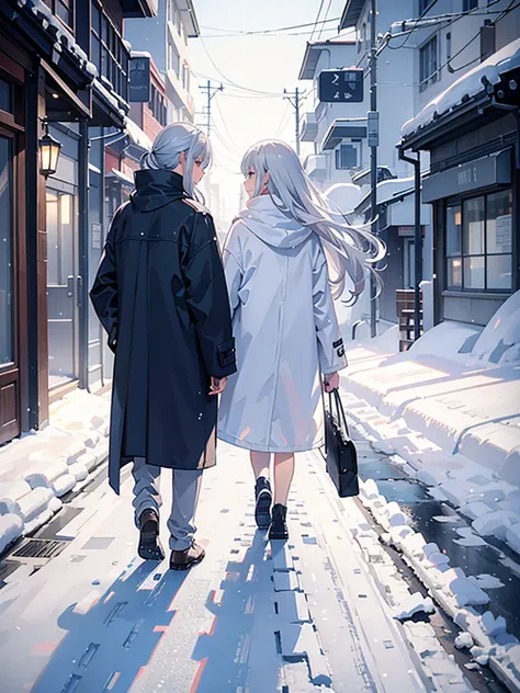 silver hair、Walking on a snowy road、Freezing、 back view、Put on your coat、Put on a muffler、Snow is falling、Blizzard、