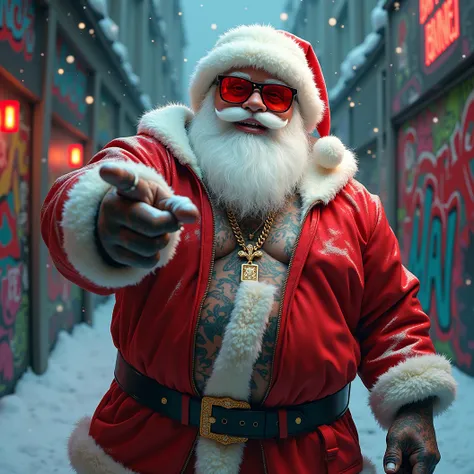 Rap Album cover of a white Santa Clause, major dad bod donned in red hip-hop street clothes white fluff trim and with a hood, with bling and red tinted sunglasses. Tattoos. Husky body type. Posing for a hip hop album cover. Dynamic. Pointing in to camera. ...