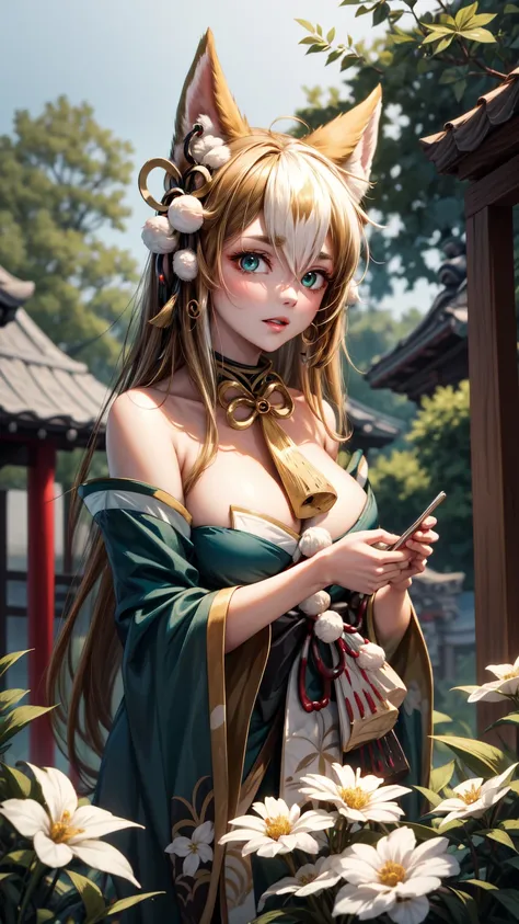  masterpiece,  better quality, De alta calidad,  upper body  ,  outdoor,  Looking at the viewer,  a girl, hina-fi  ,  Bicolor Hair  ,  Japanese clothing  , Green Kimono, cola,  bare shoulders,