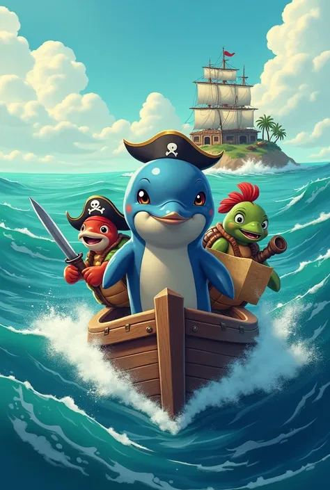 A brave dolphin leading a crew of sea animals, like a turtle with a pirate hat, a swordfish with a telescope, and a crab with a map, navigating through turquoise waves toward a treasure island