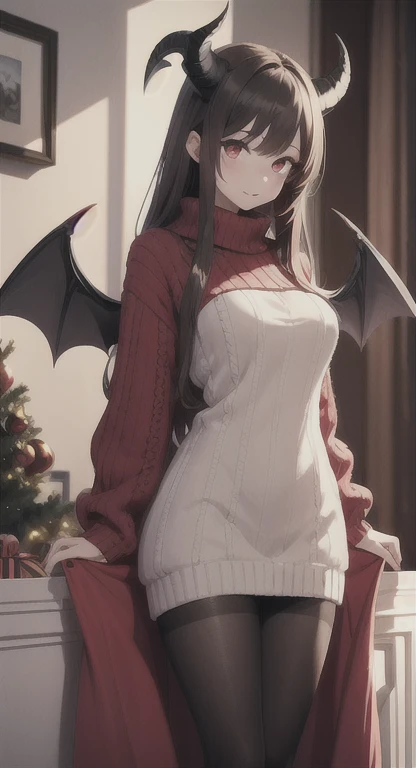 1girll, playgame, succubus, red eyes, Long hair, horns, wings, Large display,  Christmas sweater dress and pantyhose, home, Christmas day, SFW, muted colors