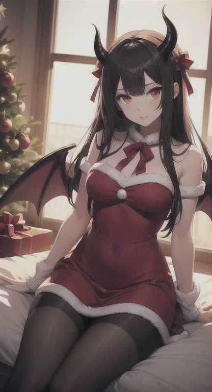 1girll, playgame, succubus, red eyes, Long hair, horns, wings, Large display,  Christmas dress, pantyhose, home, Christmas day, SFW, muted colors