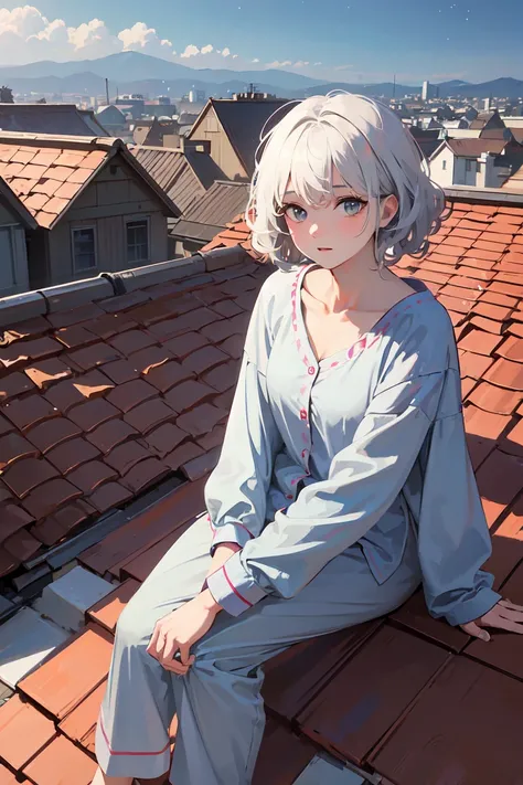  1girl,  grey hair,  white hair, Curly hair,  short hair, In pajamas, on the roof,  looks at the sky, Stars in the sky, summer