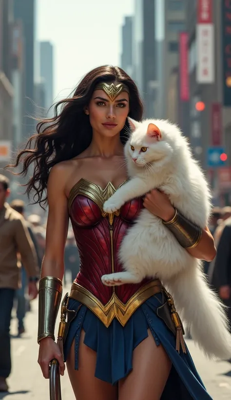 Wonder woman membawa 1 kucing warna putih in town
