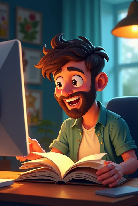 Animated man reading motivational book and watching prosperity lecture on the computer 