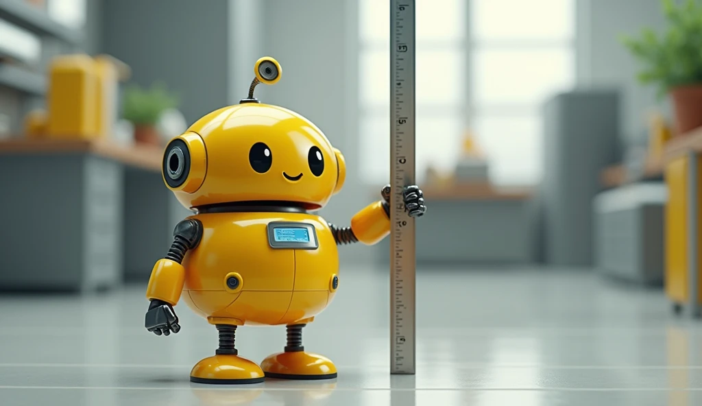 A scene where a cute yellow robot is measuring its height