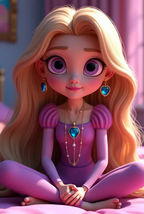 Rapunzel front view completely pink eyes sclera eye and pupil all completely bright pink necklace with a blue lip gem and hypnotic purple nail polish while sitting in bed cross-legged 3d animation pixar-style pink heart earrings necklace seated by a gold c...